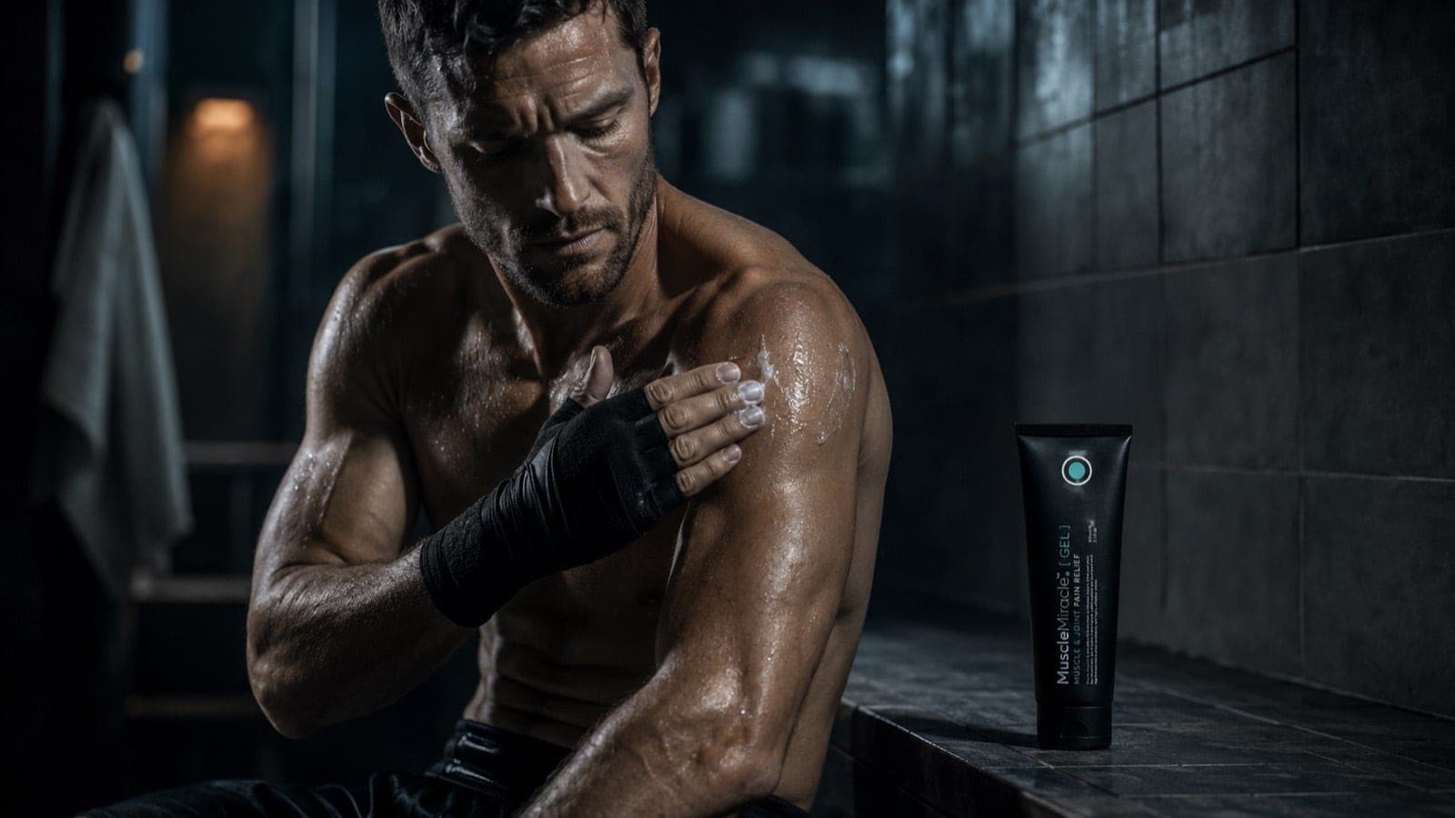 An athlete in a dark locker room applying Muscle Miracle Recovery Gel to his shoulder, the tube standing on the tiled bench beside him