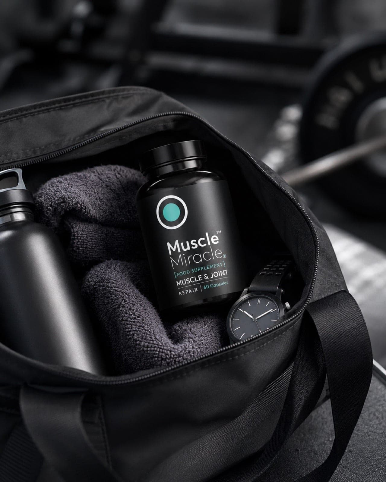 A Muscle Miracle capsule bottle packed into a gym bag with a towel and watch