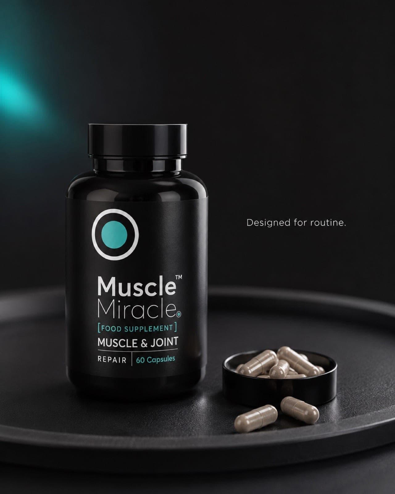 A Muscle Miracle capsule bottle with a few capsules tipped into a small dish