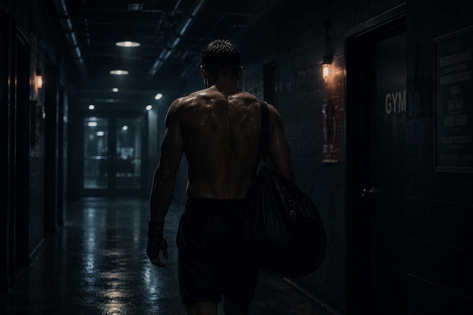 A muscular athlete walking down a dark gym corridor with a duffel bag