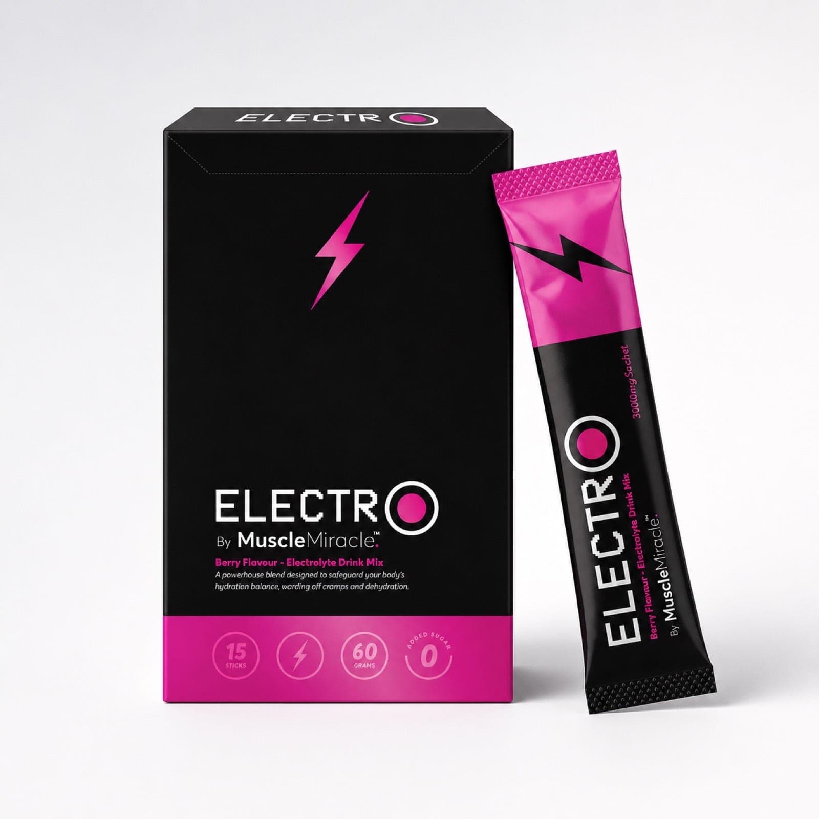Muscle Miracle Electrolytes Berry box and single sachet on a clean white background