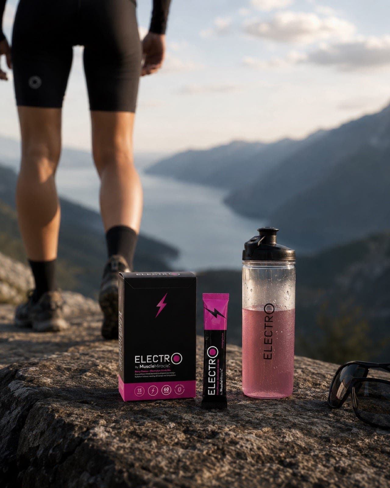 A cyclist at a mountain summit with a Muscle Miracle Electrolytes Berry bottle and pack on the rock