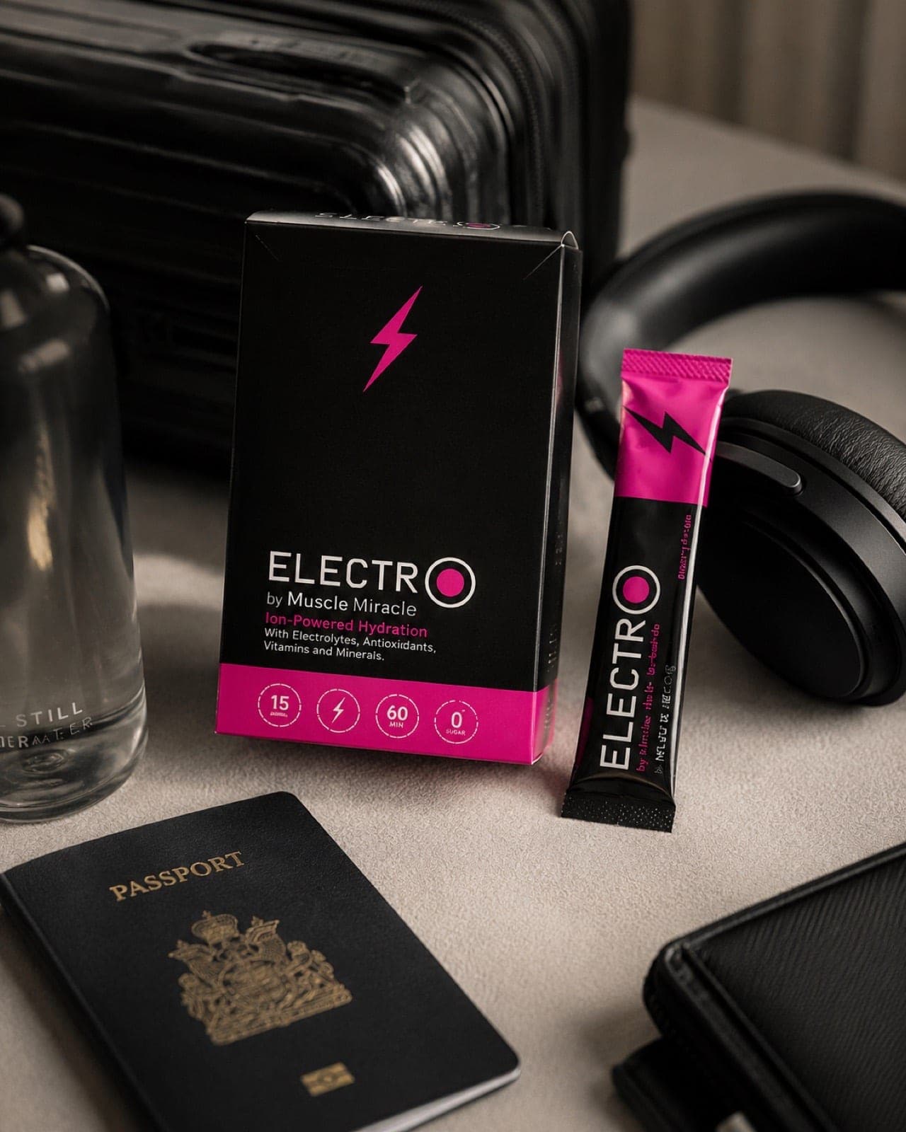 Muscle Miracle Electrolytes Berry pack and sachet beside a passport, headphones and suitcase