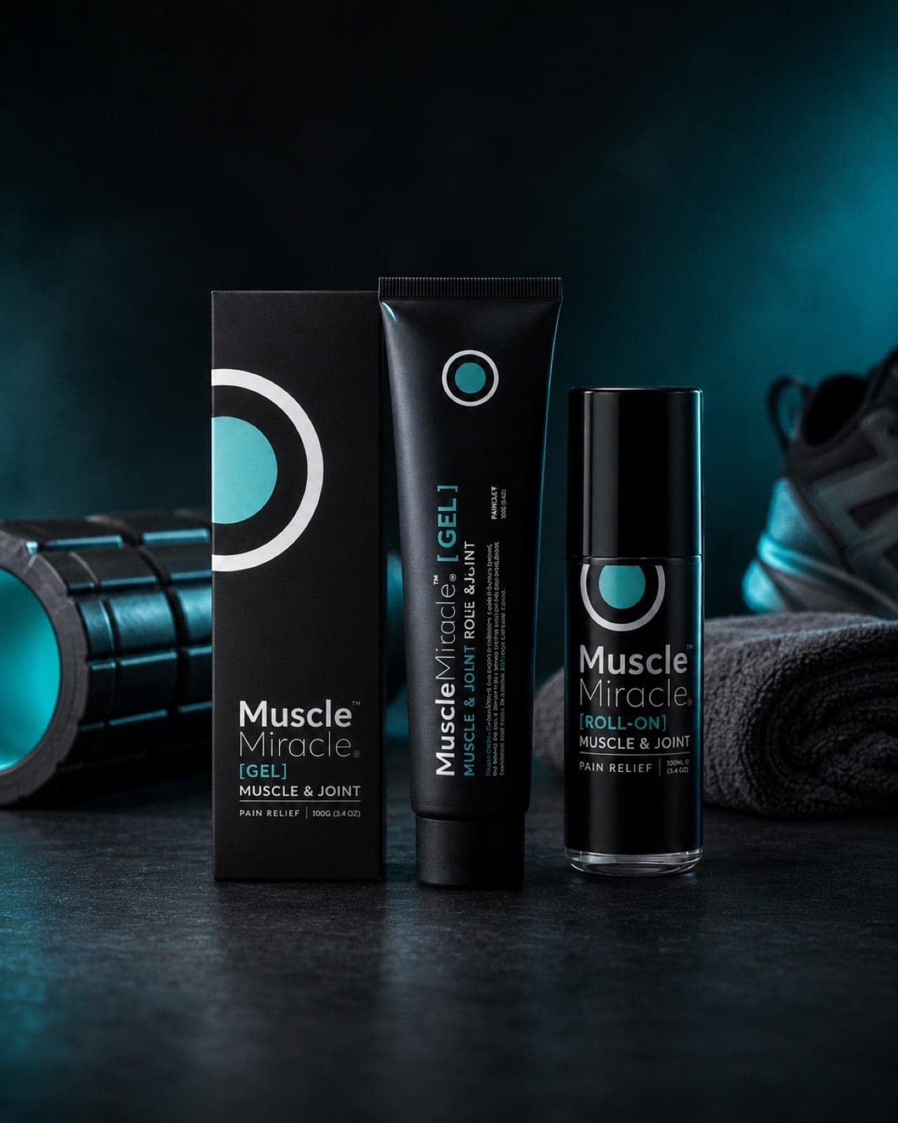 Muscle Miracle cooling gel and roll-on beside a foam roller in soft teal light