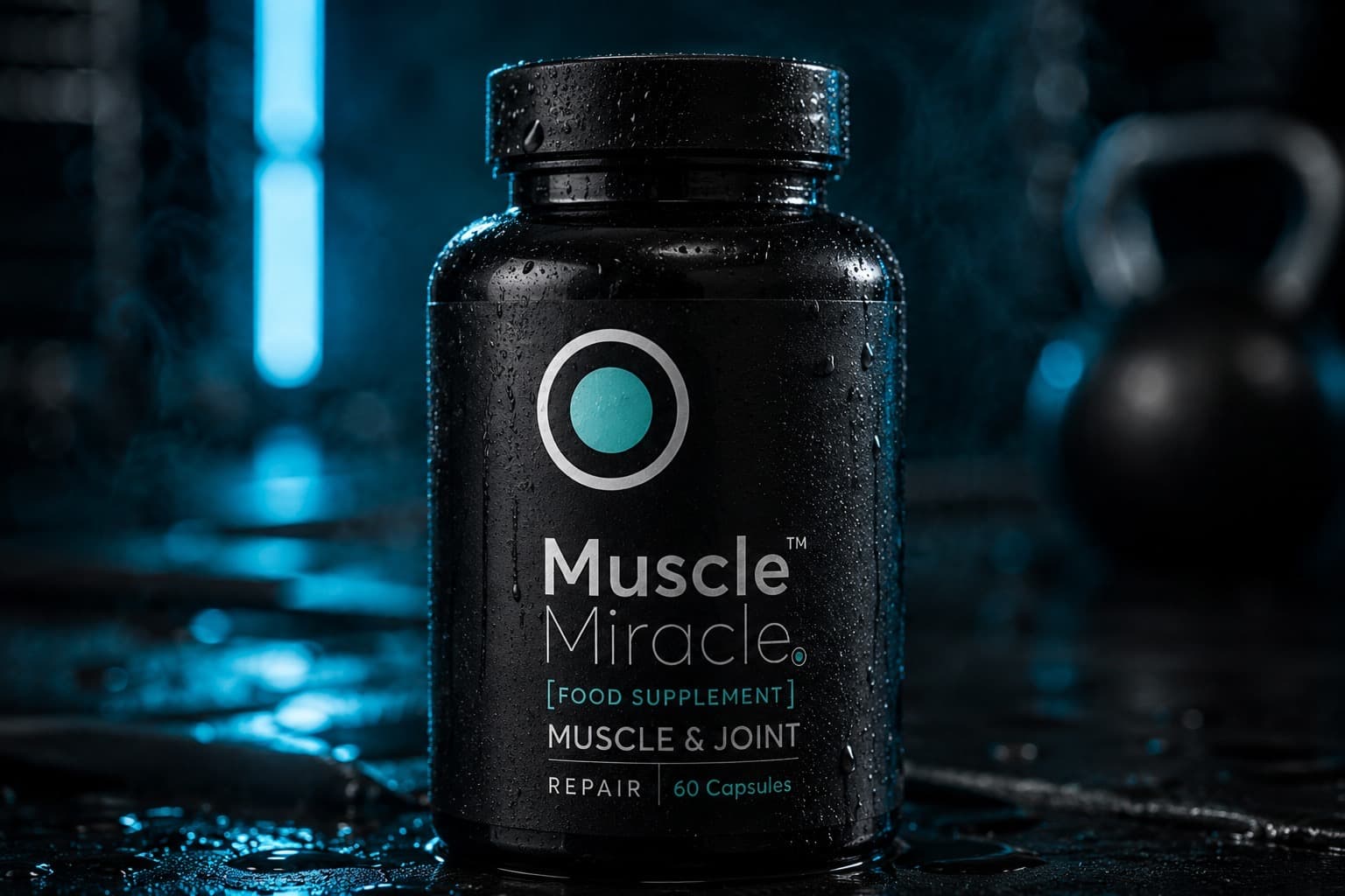 Muscle Miracle Capsules jar close-up under cool blue gym light