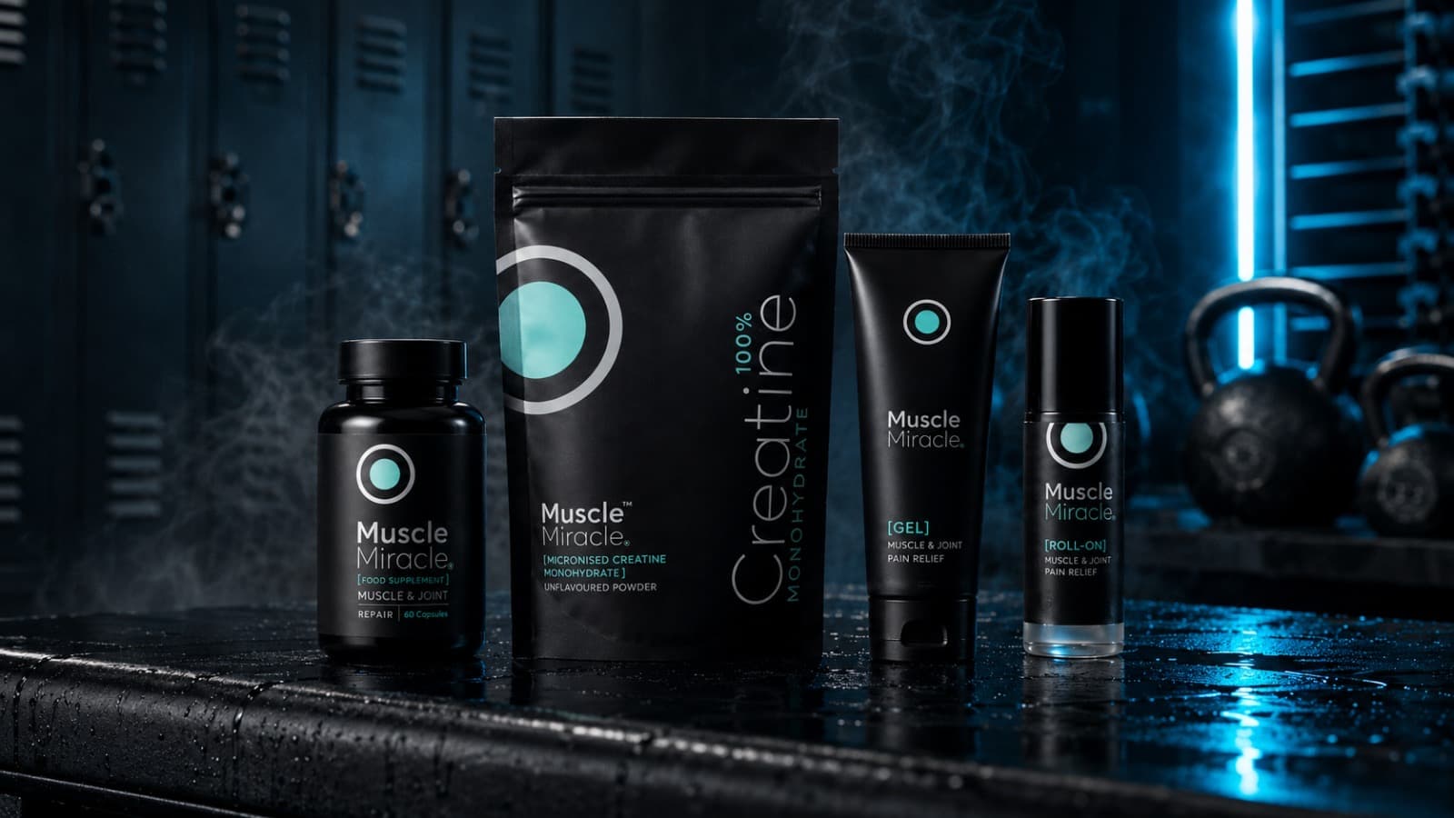 The full Muscle Miracle range — capsules, creatine, gel and roll-on — lined up on a wet locker-room bench with teal light