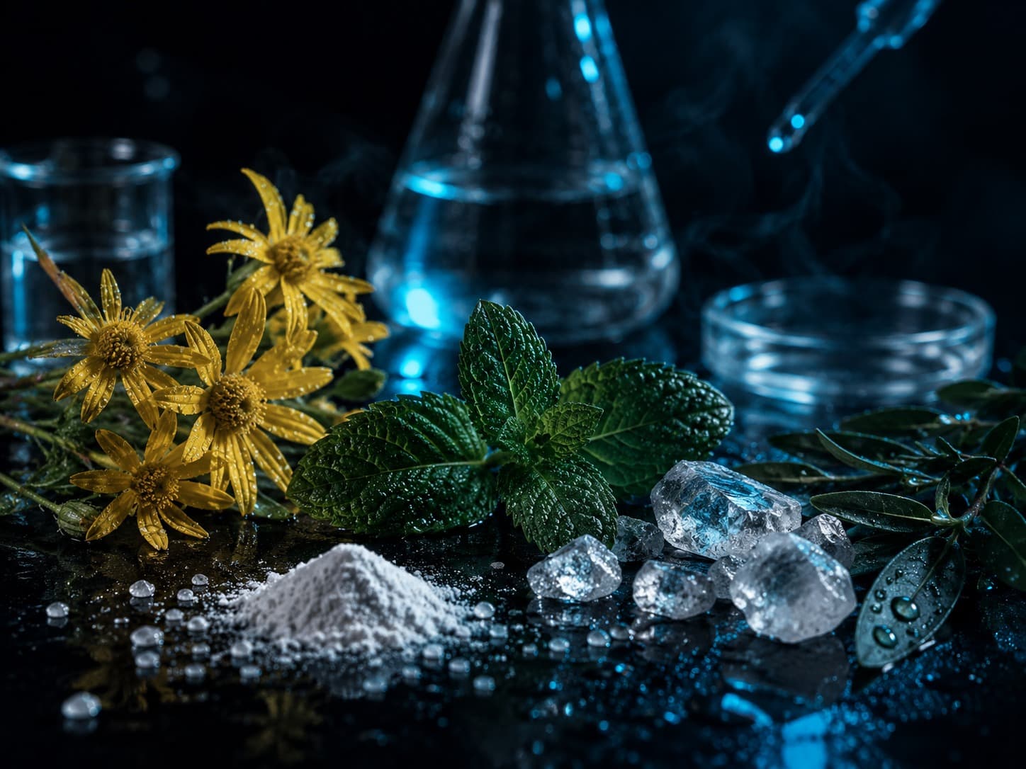 Arnica flowers, mint leaves, ice crystals and creatine powder on a dark lab surface