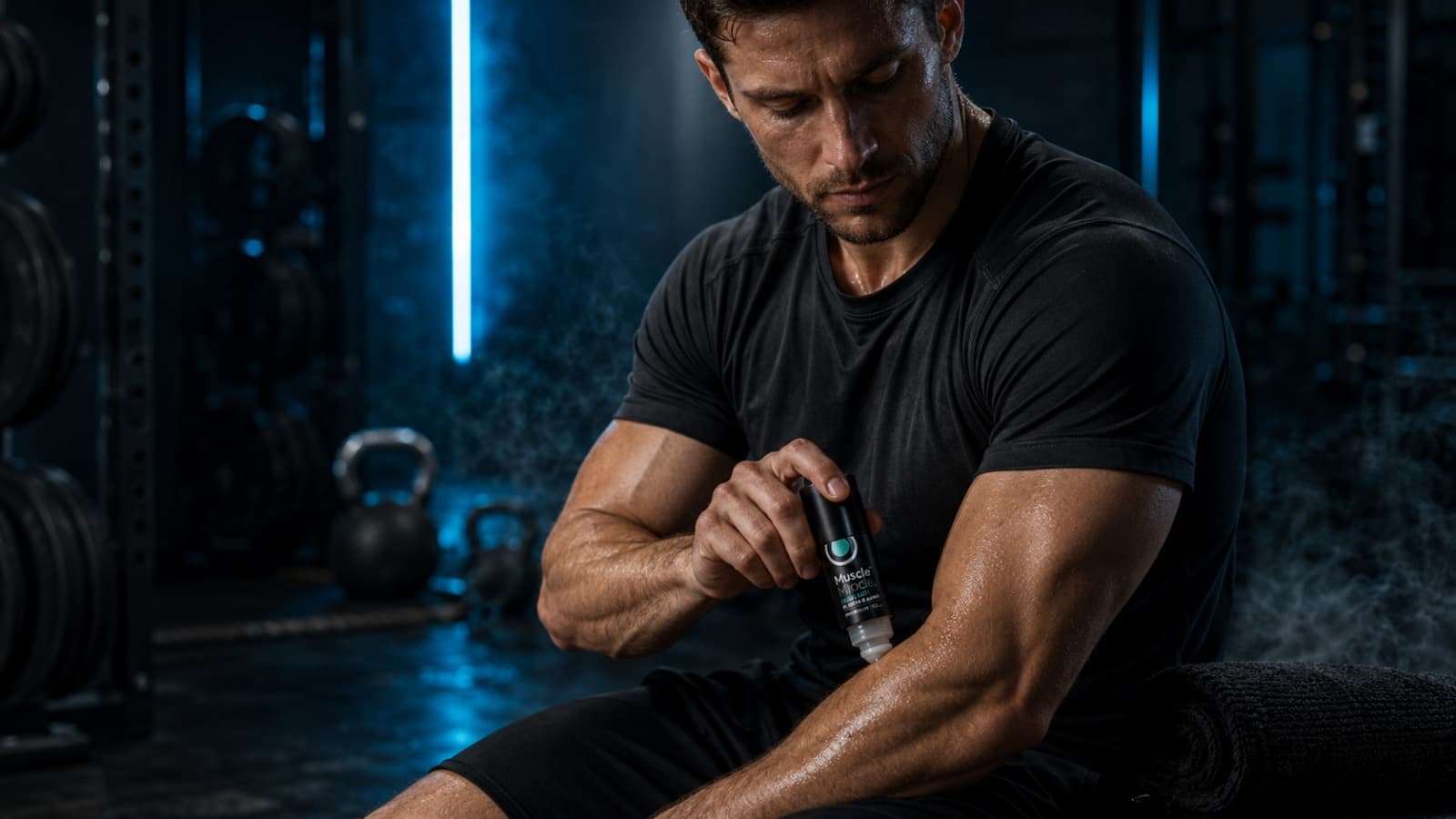 An athlete in a dark gym applying Muscle Miracle Roll-On to his forearm with cool blue light behind