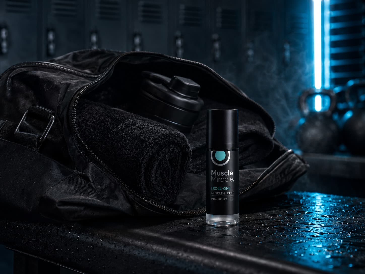 Muscle Miracle Roll-On next to a gym bag and shaker on a wet bench with cool teal light