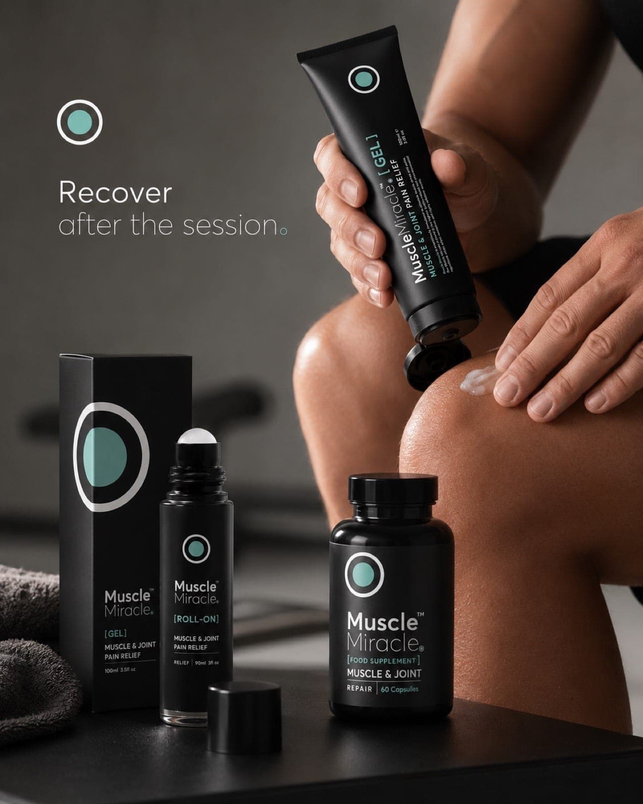 Smoothing Muscle Miracle cooling gel over the knee, with the gel, roll-on and capsules alongside