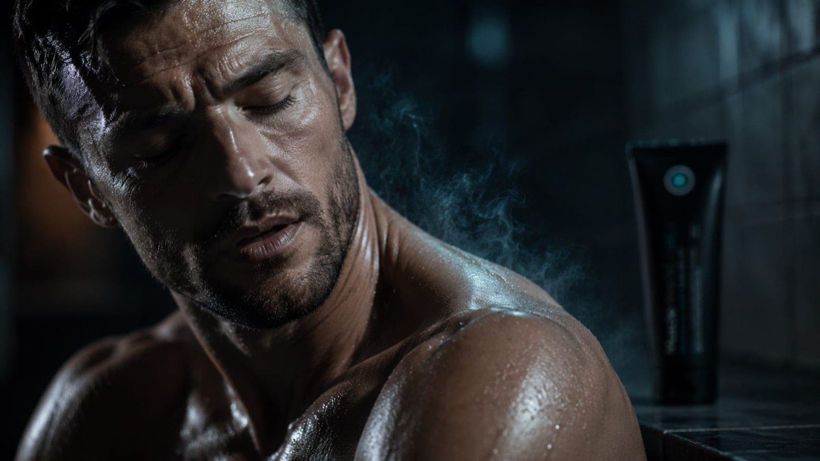 An athlete resting after training with steam rising, eyes closed, in cool light