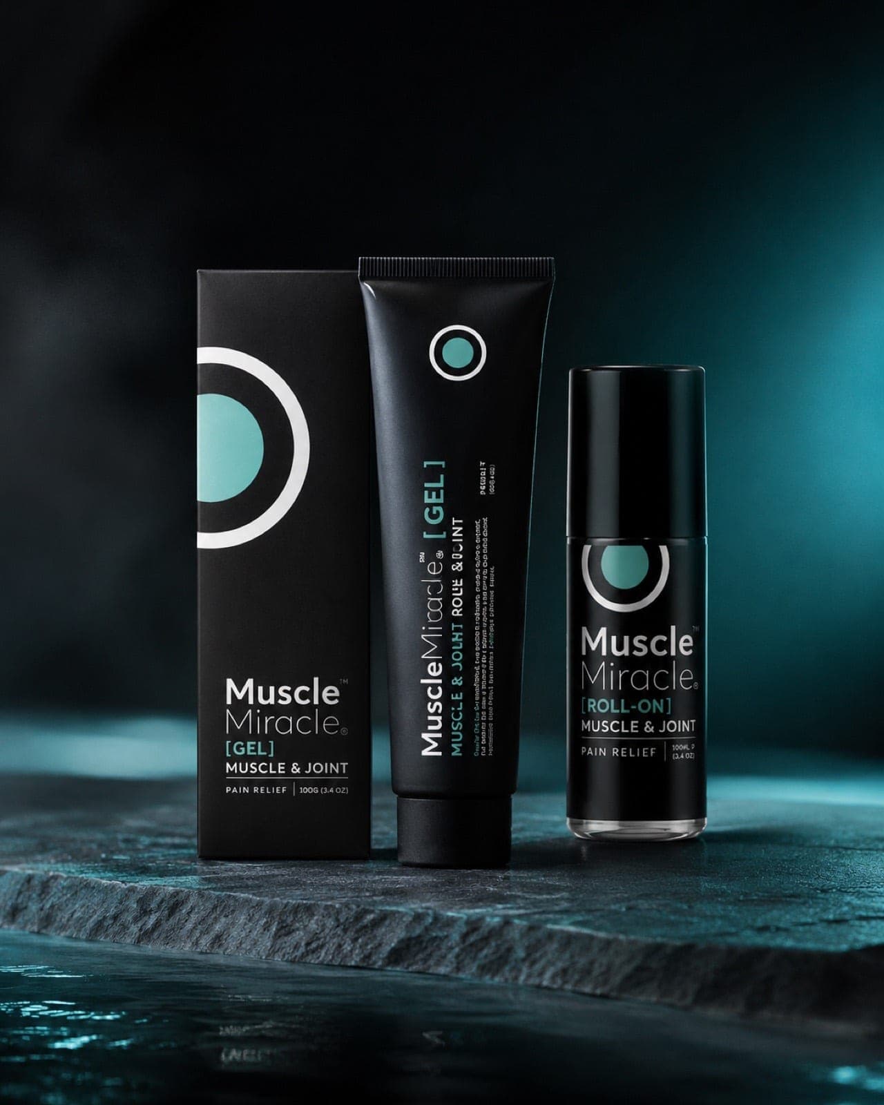 Muscle Miracle gel and roll-on on a dark wet-stone surface with a teal glow