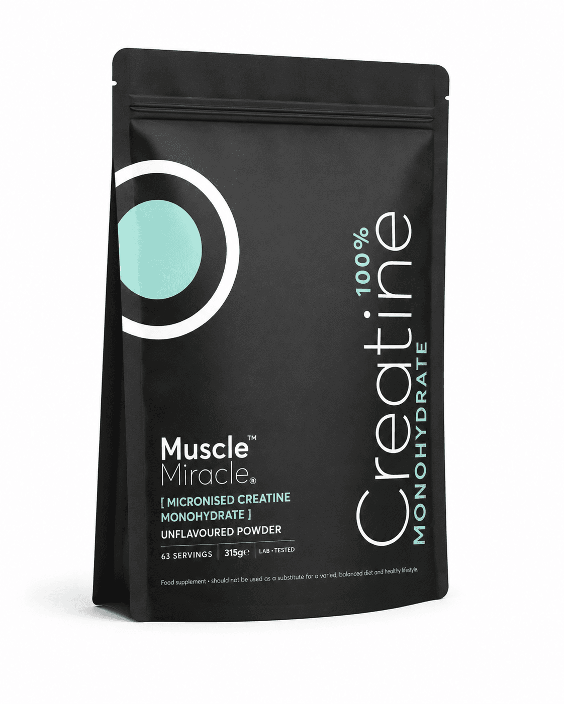 Muscle Miracle Creatine pouch, three-quarter view — 100% micronised creatine monohydrate, 315g, 63 servings