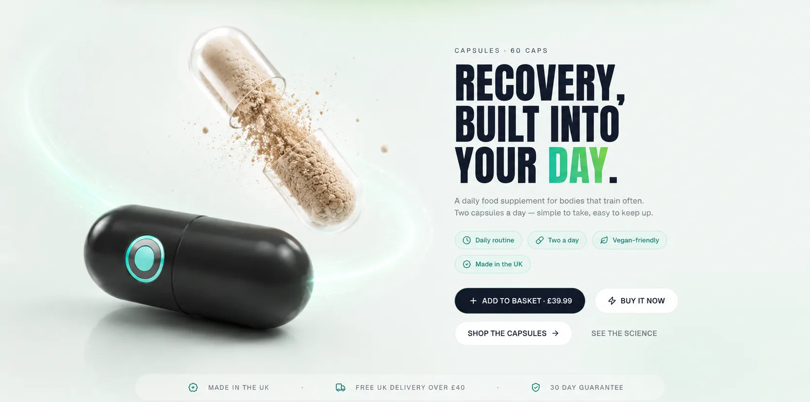 Muscle Miracle Recovery Capsules — black capsule with teal ring and an open capsule releasing powder