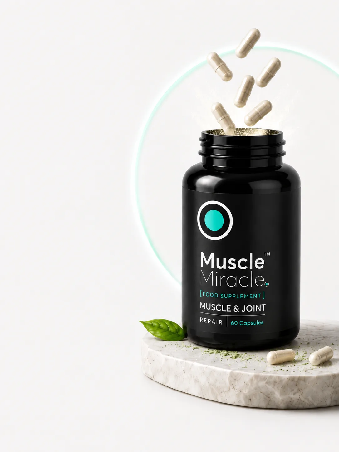 Muscle Miracle Recovery Capsules — open jar with capsules pouring out, 60 capsules