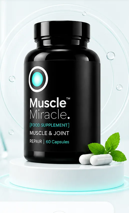 Muscle Miracle Capsules jar on a lit pedestal with mint leaves and capsules