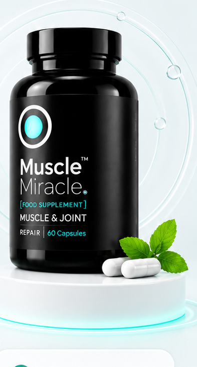 Muscle Miracle Capsules jar on a pedestal with mint leaves and white capsules