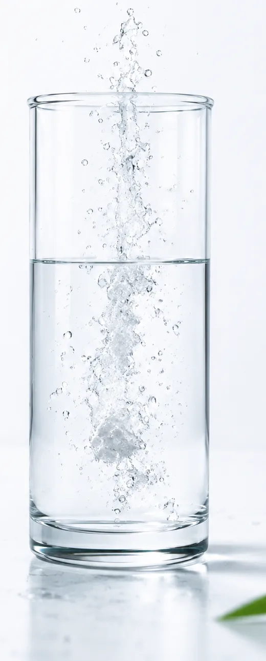 Glass of water with creatine dissolving in a clean splash