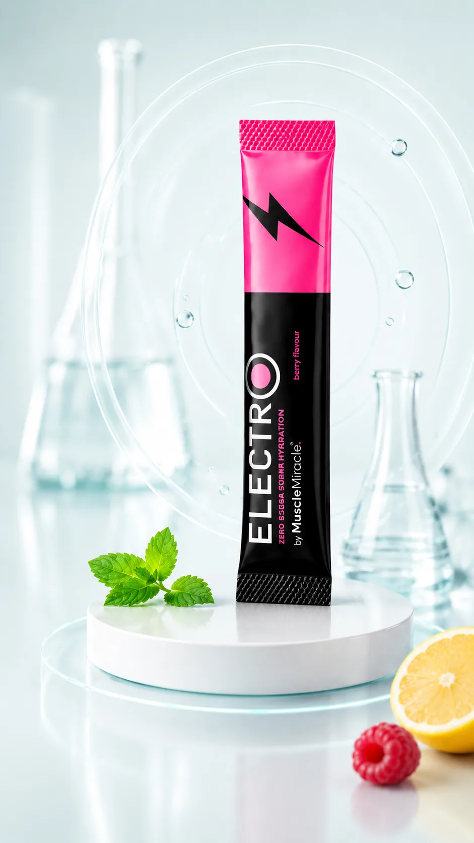 Electrolytes Berry stick on a white pedestal with lab glassware, rings, mint, lemon and raspberry