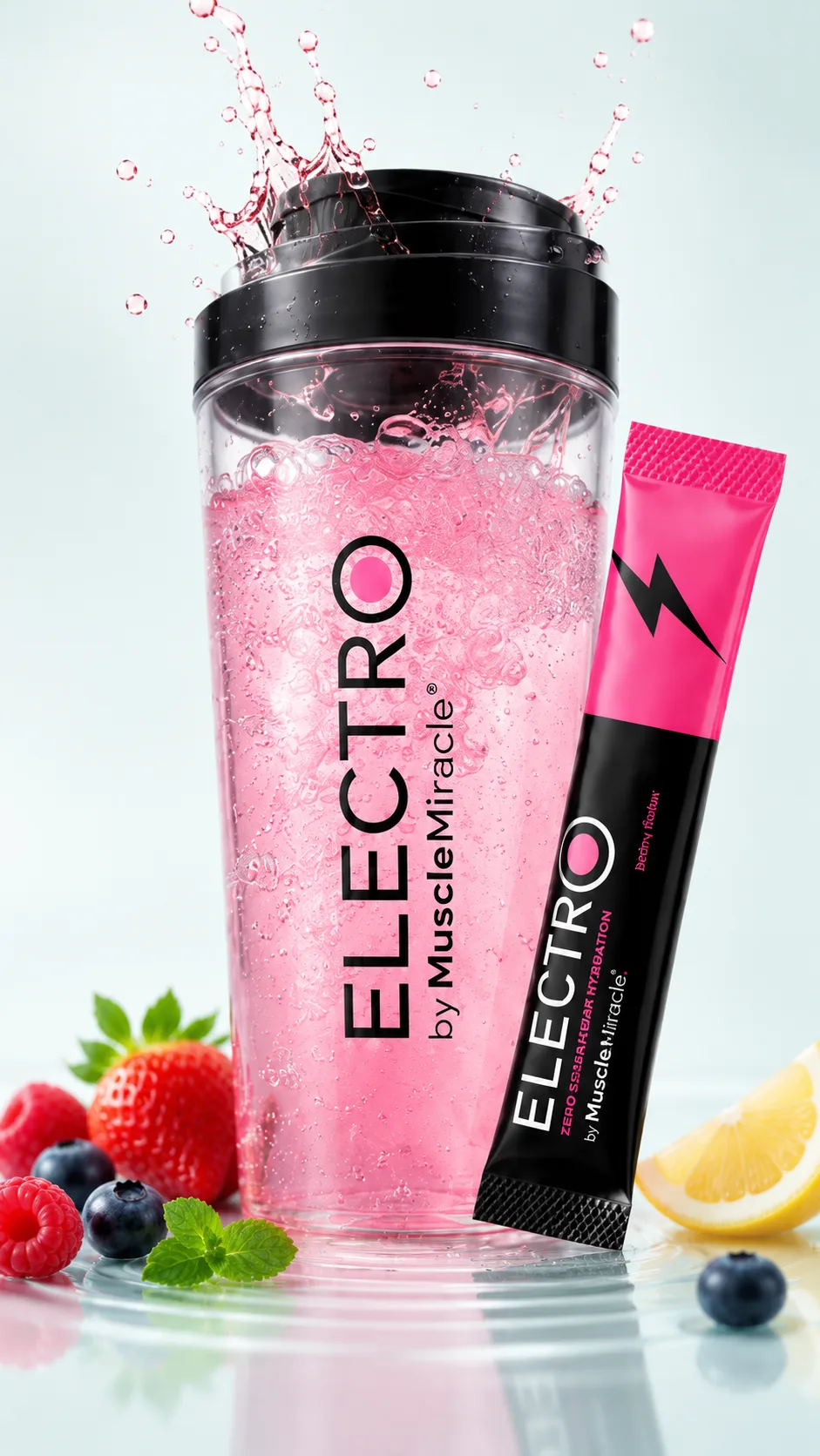 Shaker filled with pink Electrolytes drink, splash on top and a Berry stick leaning against it