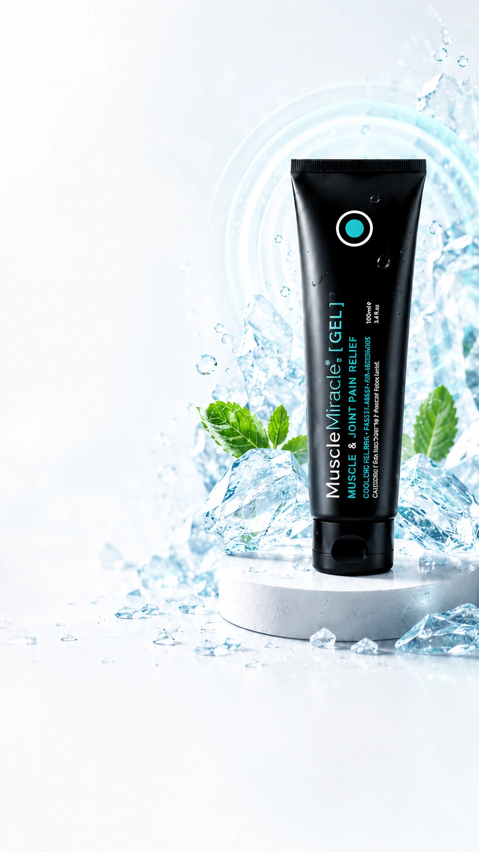 Muscle Miracle Recovery Gel tube on a white pedestal ringed by light, with crushed ice and mint