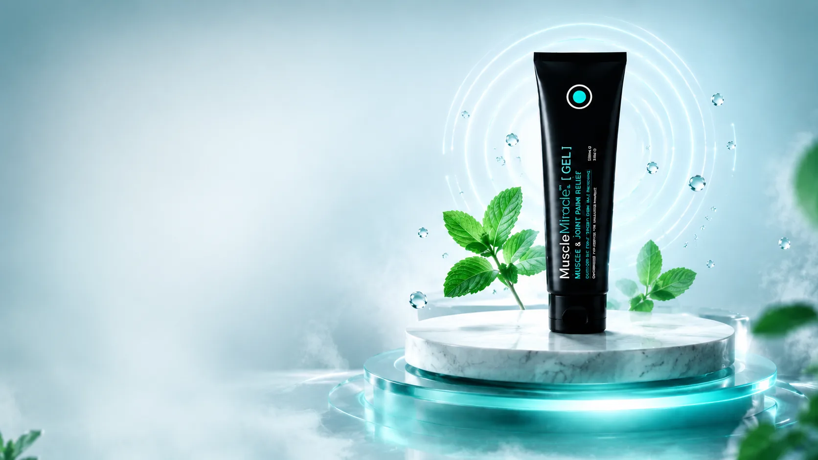 Muscle Miracle Recovery Gel tube standing on a marble pedestal with a teal glow, light rings, mint leaves and droplets