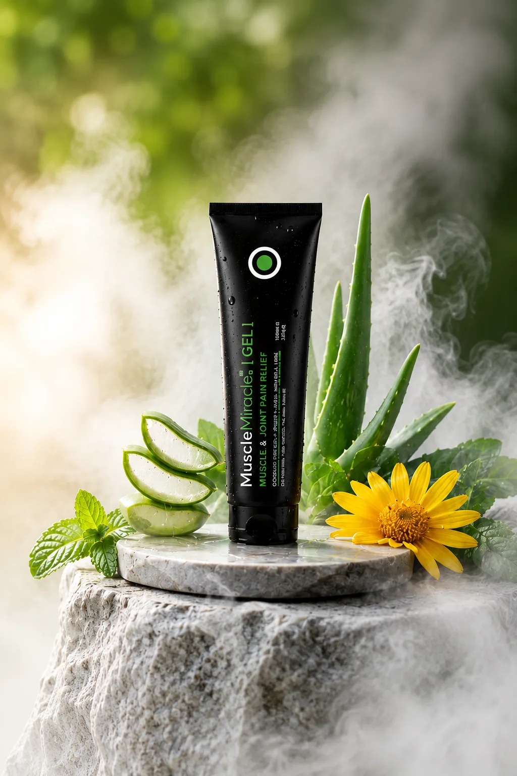 Muscle Miracle Recovery Gel on a stone plinth surrounded by fresh green botanicals