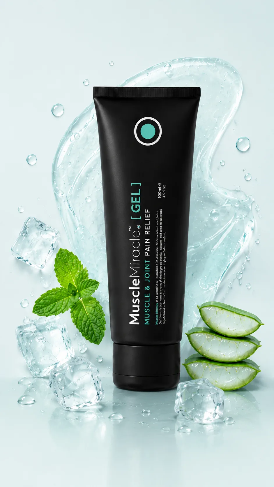 Muscle Miracle Gel with clear gel swipe, ice cubes, mint and aloe