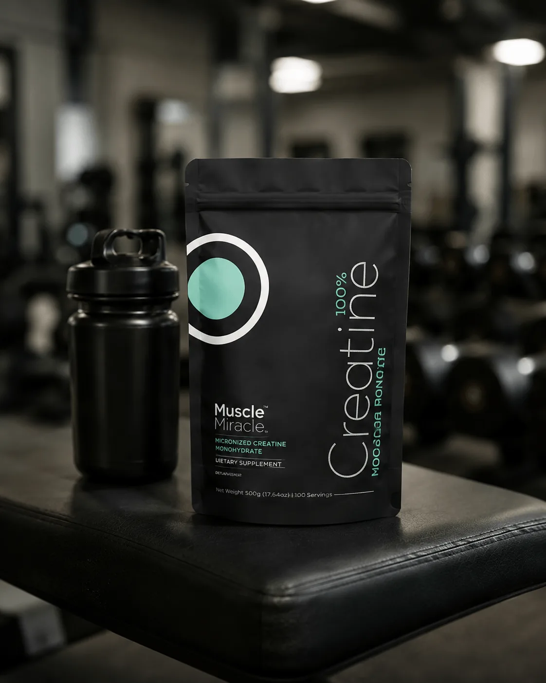 Creatine pouch and shaker on a bench in the gym