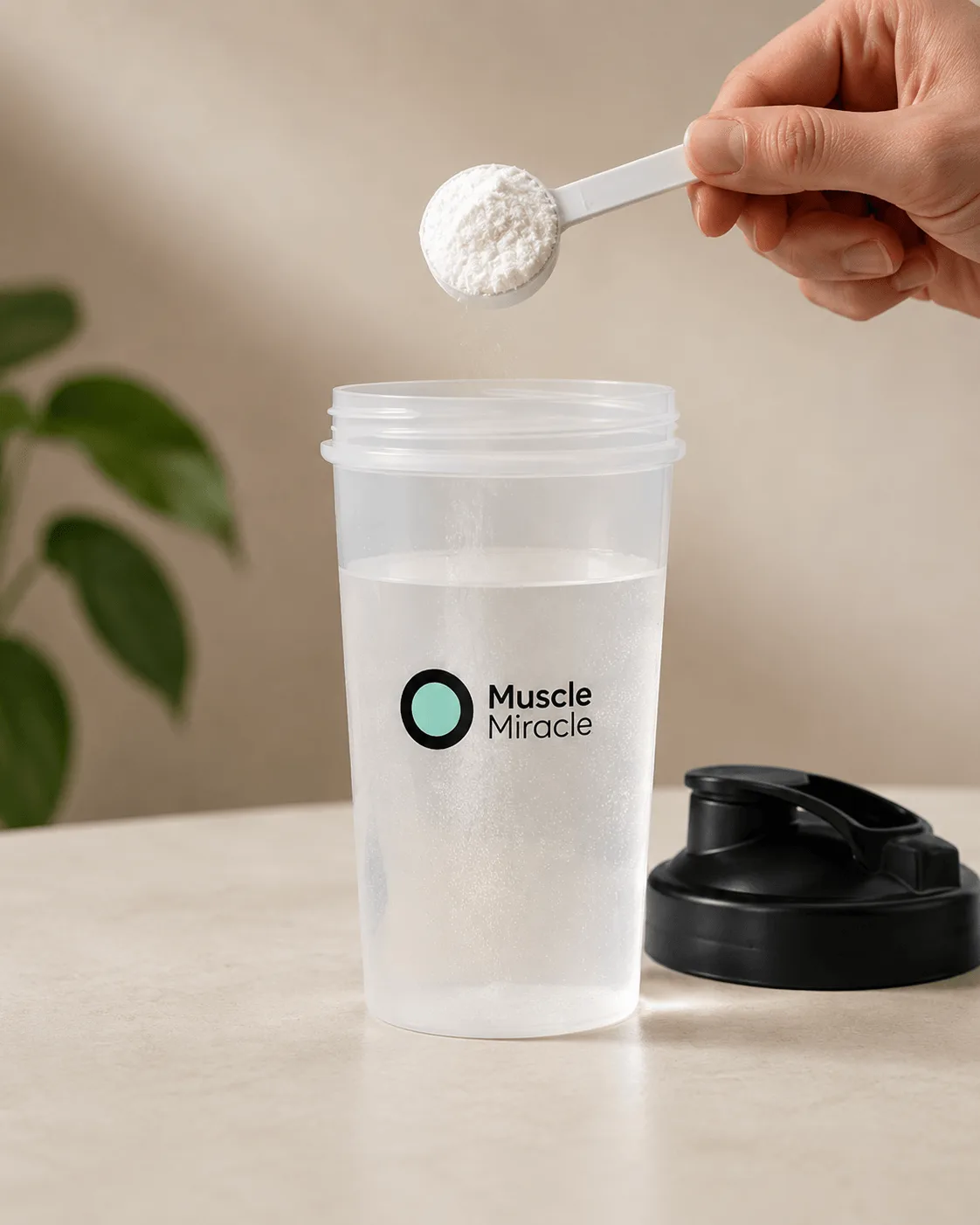 A scoop of micronised creatine held above a Muscle Miracle shaker