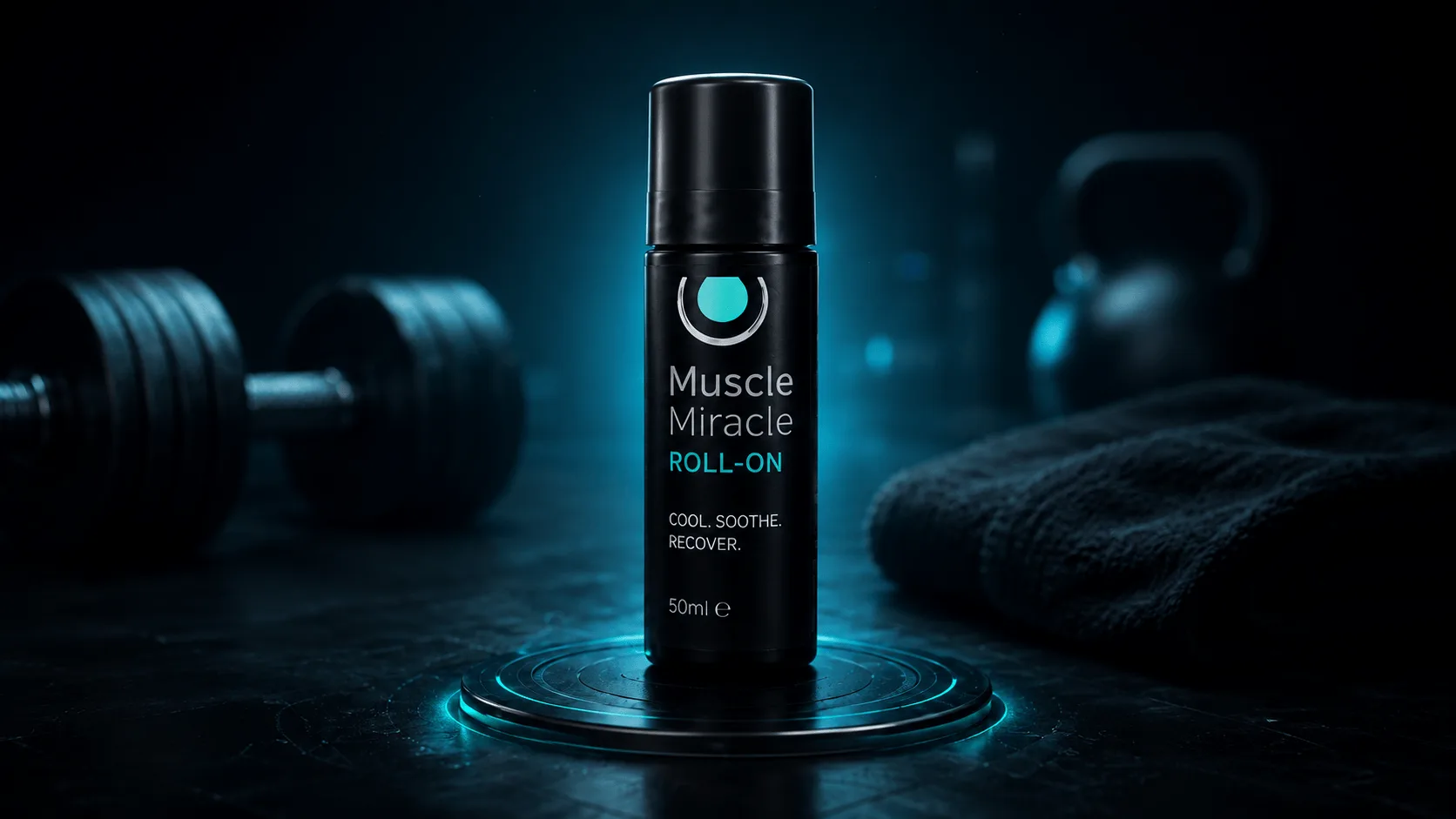 Pain Relief Roll-On on a glowing teal pedestal in a darkened gym