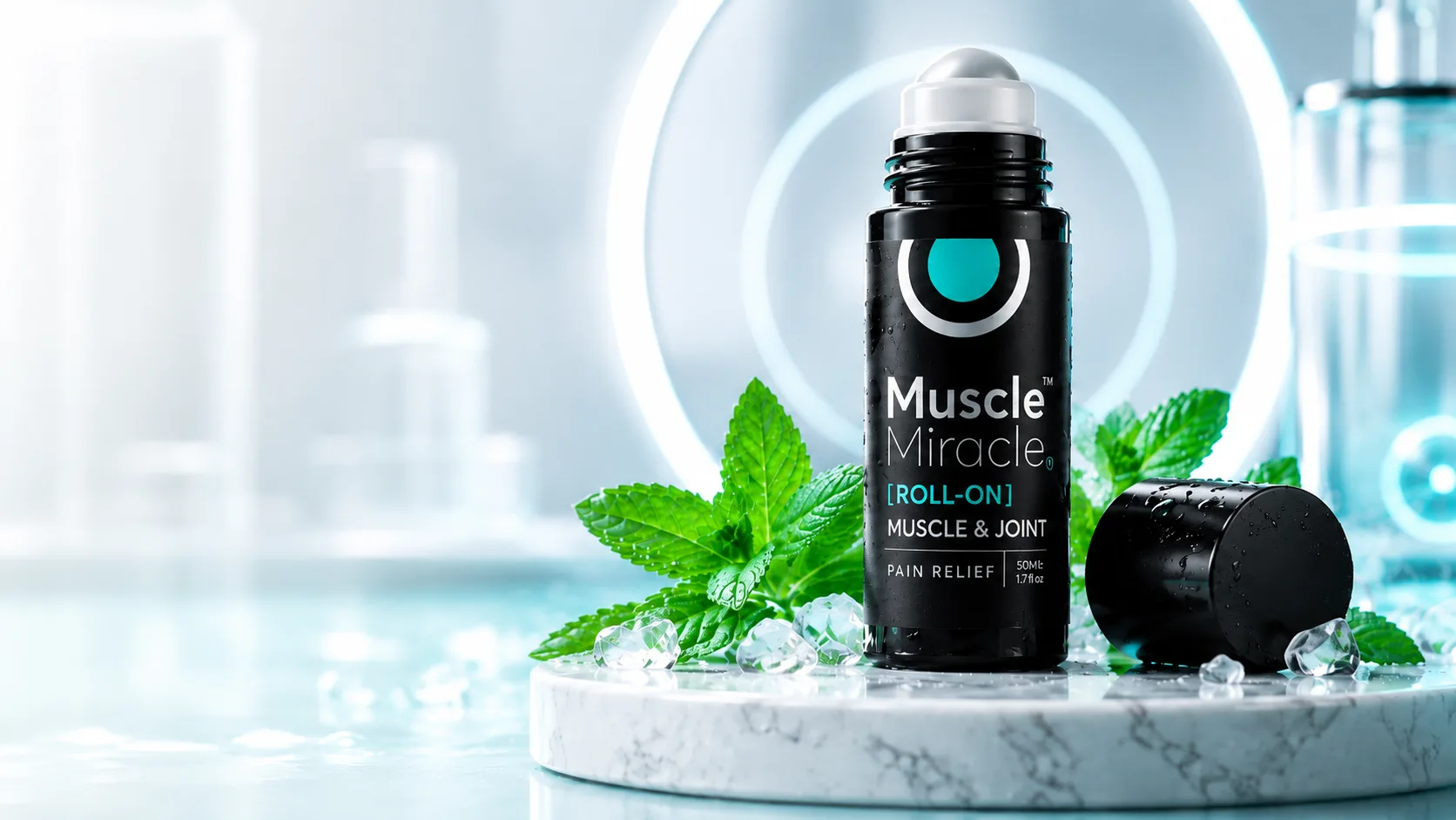 Muscle Miracle Roll-On on a marble pedestal with light rings, mint leaves, ice and its cap