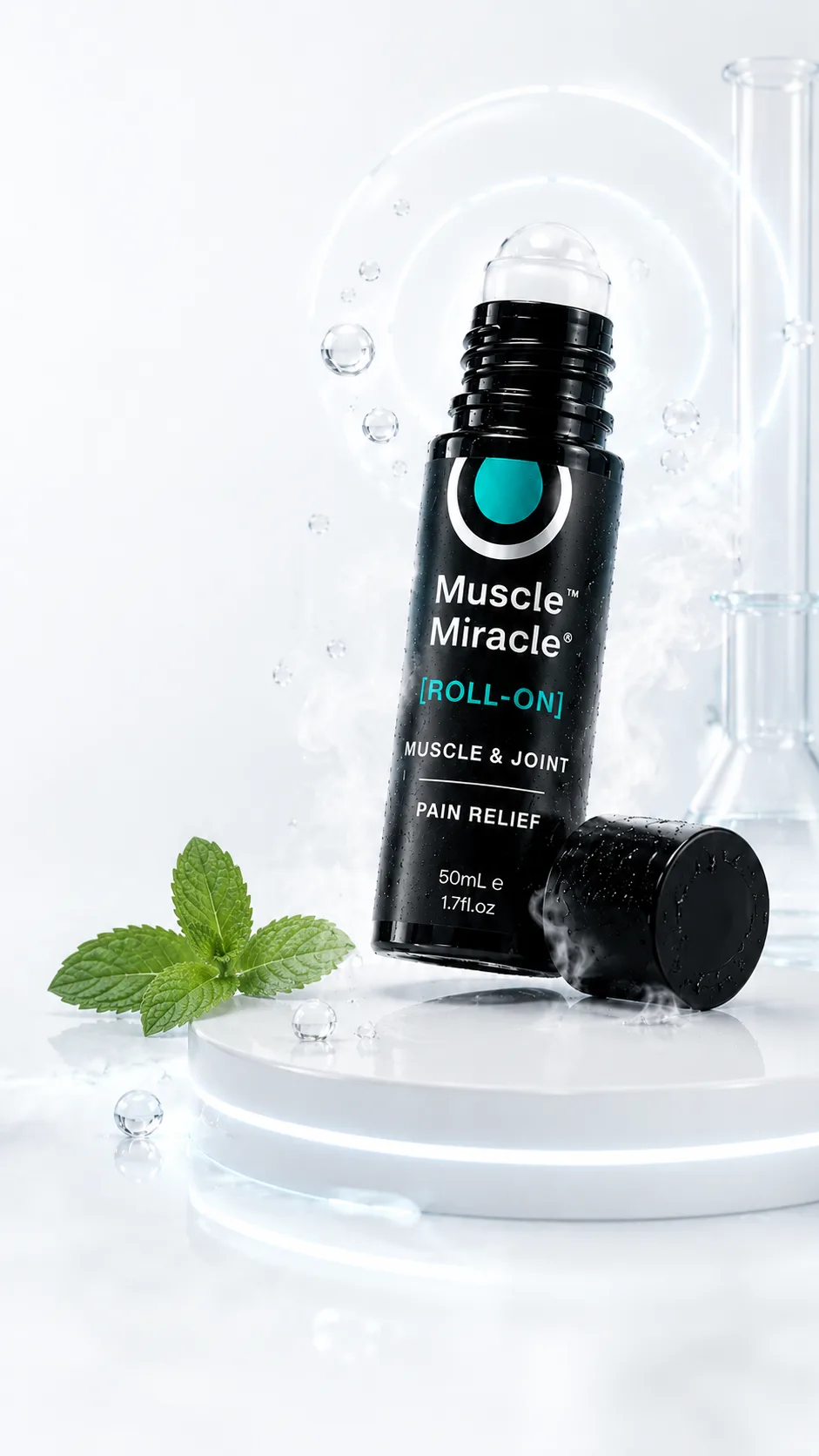 Muscle Miracle Roll-On tilted on a pedestal with mist, mint and ice